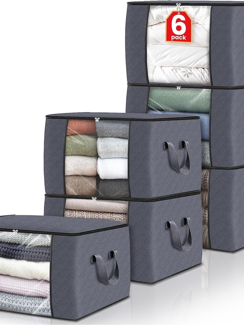 Fab Totes 6-Pack Foldable Storage Bags | Gray | New